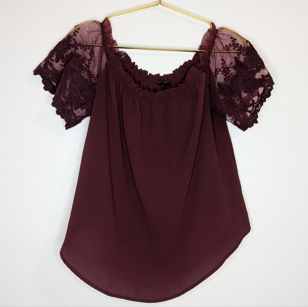 Iris Medium Burgundy Sheer Floral Lace Sleeve Off the Shoulder Flowy Top Blouse